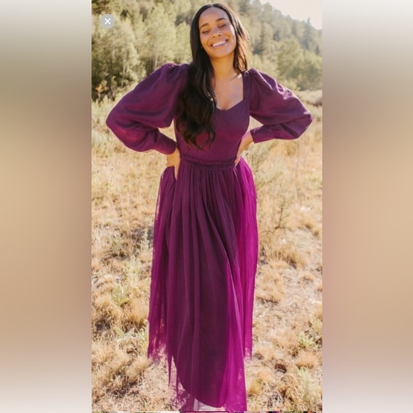 Ivy City Co Florence Dress Plum XL Puff Sleeve Smocked Purple Maxi Midi Tulle - Picture 3 of 16